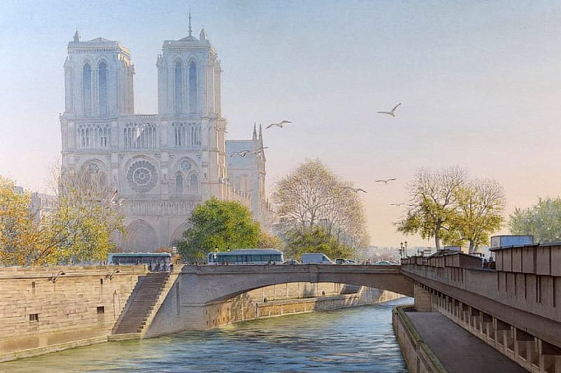 Ile de Notre Dame at Misty Morning, france, bridge, birds, paris, river, church, cars trees, HD wallpaper