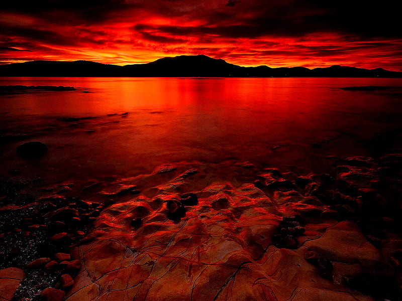 Sunset over the sea, red, ocean, bonito, sunset, sky, clouds, sea ...