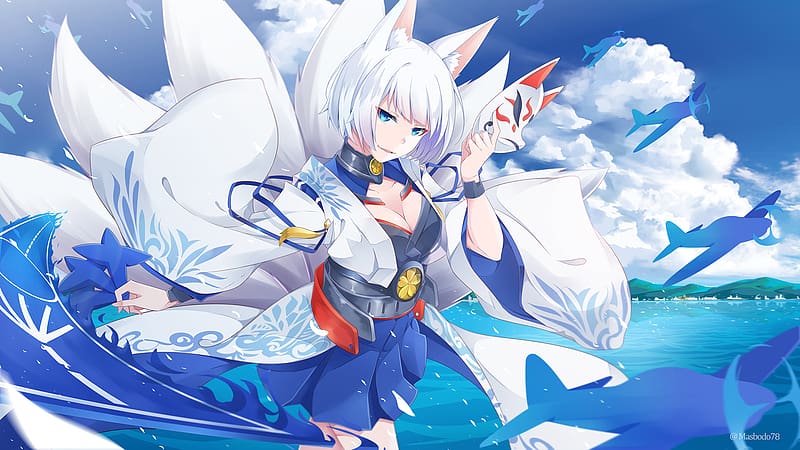 Anime, Blue Eyes, Short Hair, White Hair, Animal Ears, Azur Lane, Kaga (Azur Lane), HD wallpaper