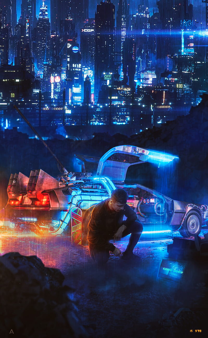 man, car, city, neon, cyberpunk, HD phone wallpaper