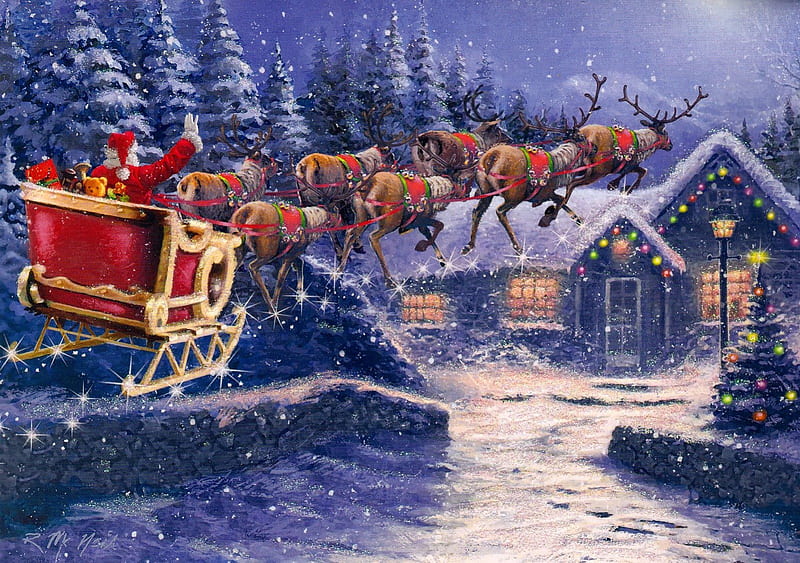 Santa's sleigh house, sleigh, house, cottage, bonito, lights, painting ...