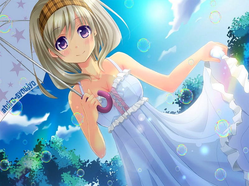 Image of Cute anime girl with short blonde hair and smile wallpaper