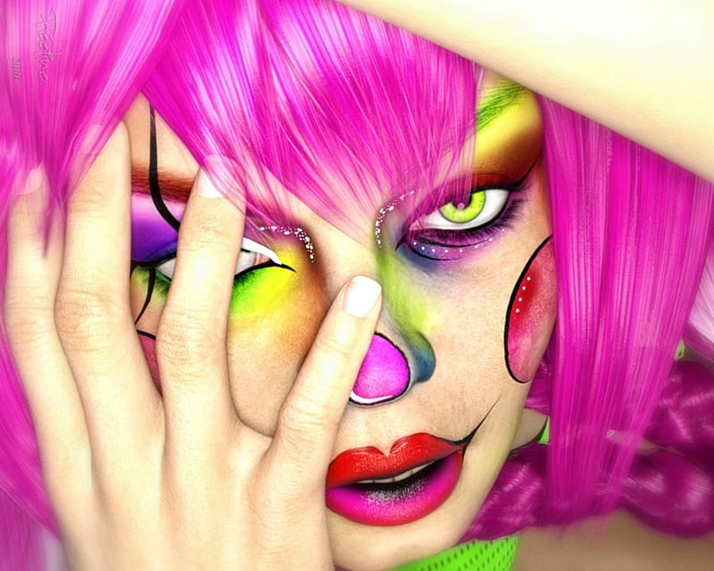 Dee Vious, luminos, feel-ine, yellow, woman, clown, fantasy, girl, green, hand, face, pink, HD wallpaper
