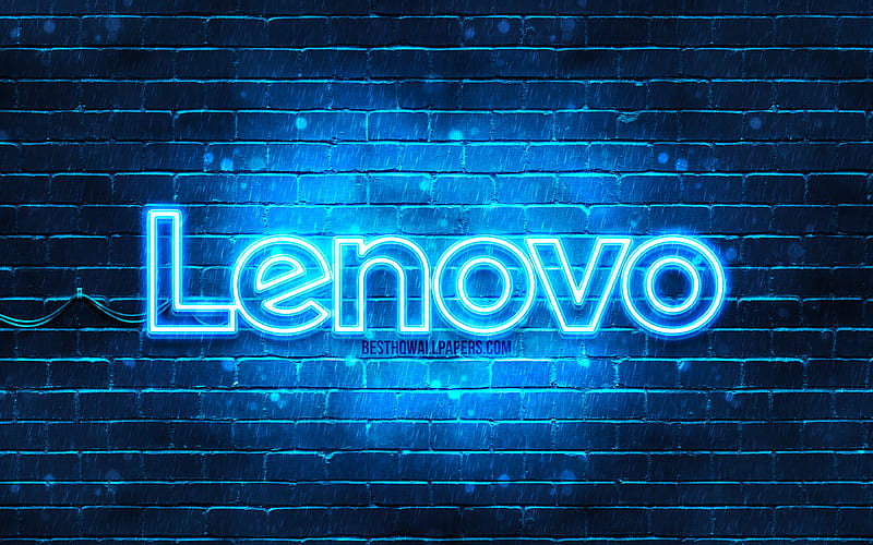 Lenovo blue logo blue brickwall, Lenovo logo, brands, Lenovo neon logo, Lenovo, HD wallpaper