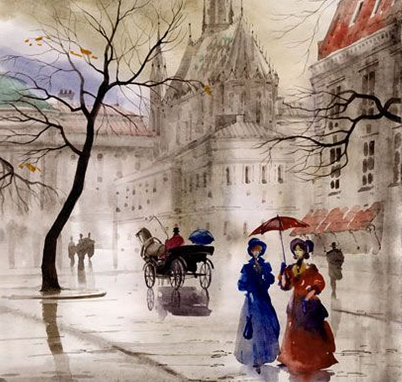 A Stroll in Paris, art, paintings, vintage, Paris, HD wallpaper