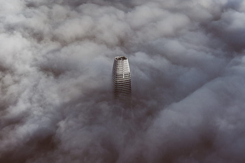 skyscraper, clouds, aerial view, building, top, height, HD wallpaper