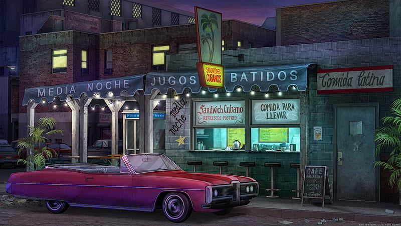 Cabriolet Car Standing Front Of Restaurant Artwork , carros, artwork, artist, digital-art, HD wallpaper