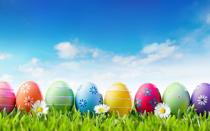 Happy Easter!, easter eggs, grass, eggs, flowers, spring, easter ...
