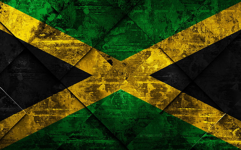 Flag of Jamaica grunge art, rhombus grunge texture, Jamaican flag, North America, national symbols, Jamaica, creative art, HD wallpaper