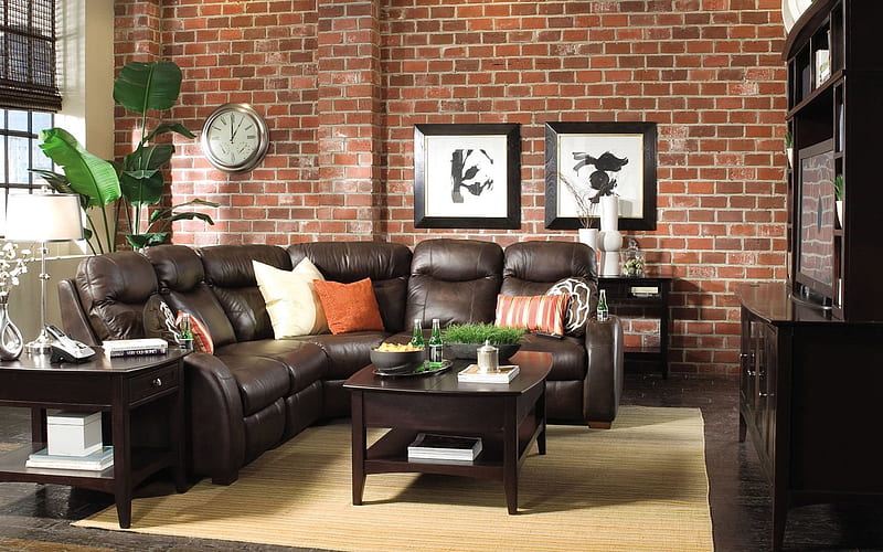buffet, coffee table, leather sofa, interior of loft, HD wallpaper