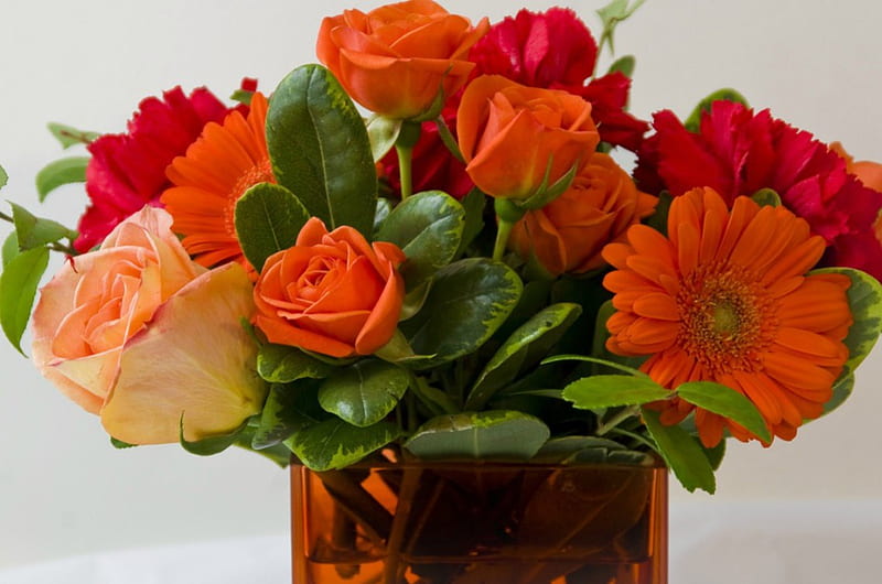 BRIGHT BOUQUET FOR A DARK DAY, red, gerberas, bouquets, vases, orange, roses, HD wallpaper