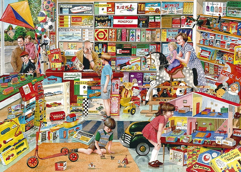 World of toys, art, shopp, children, toy, woman, gibsons, boy, girl, painting, child, pictura, HD wallpaper