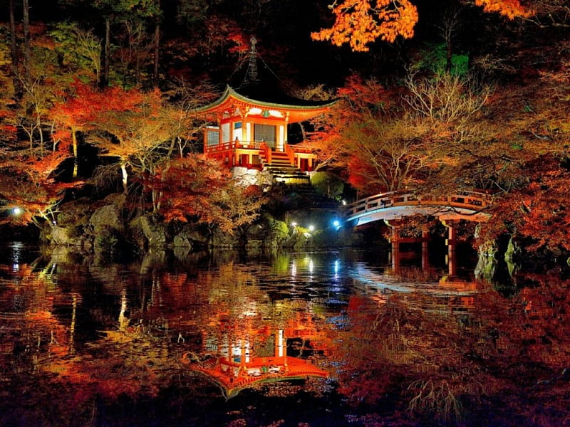 Kyoto nature, Kyoto, japan, Light, bridges, lake, Reflection, Trees ...