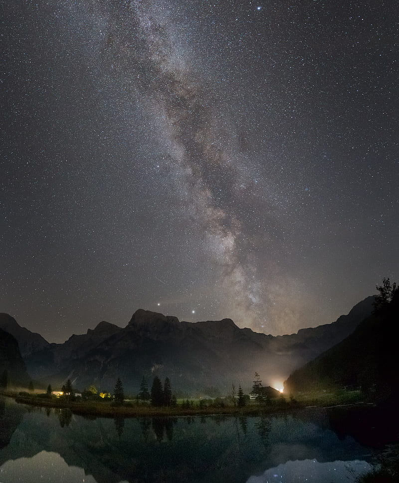 night, nebula, mountains, stars, starry sky, HD phone wallpaper