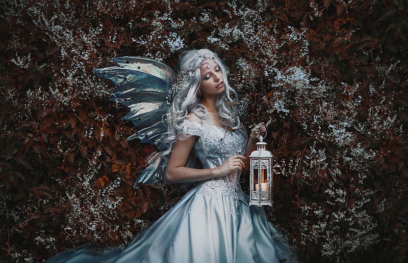 Fairy, wings, white, model, marketa novak, lantern, girl, woman, fantasy, HD wallpaper