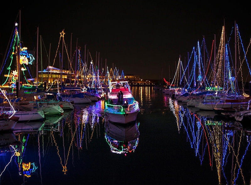 HARBOUR CHRISTMAS, night time, ships, boats, colourful, festive, christmas lights, celebrations, HD wallpaper