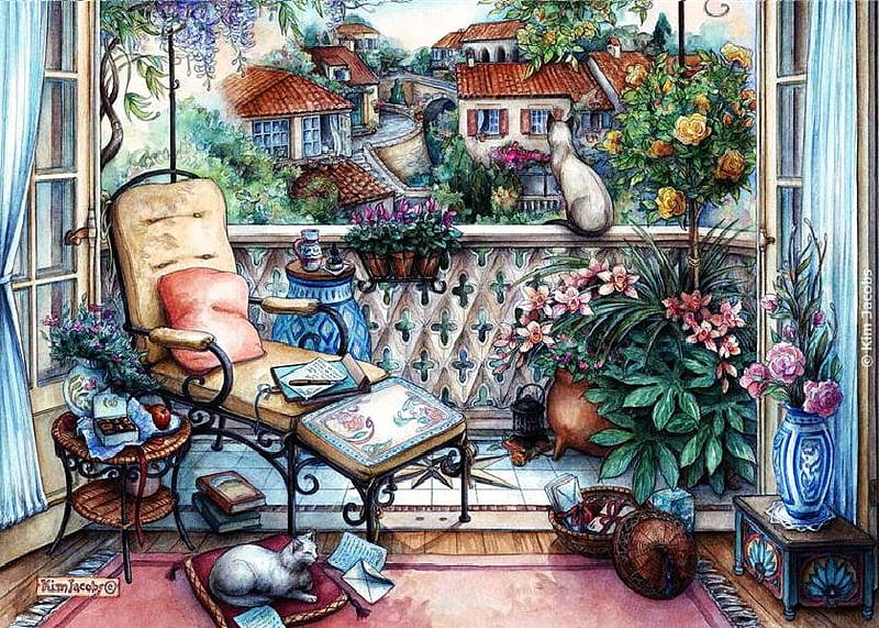 Comfortable & Cozy, baskets, table, rug, books, balcony, houses, trees, plants, painting, flowers, chair, ottoman, cats, HD wallpaper
