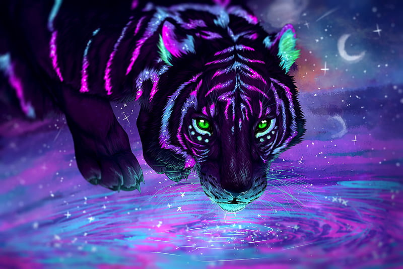 Green Eyes Night Reflection Tiger Artwork, tiger, animals, artist, digital-art, artwork, HD wallpaper