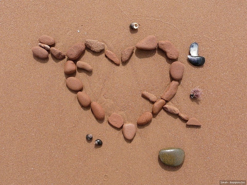 CROSS MY HEART, beach, sand, stones, cupid, corazones, arrow, HD wallpaper