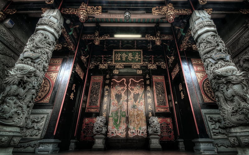 magnificent entry to an oriental temple, statues, columns, paint, doors, HD wallpaper