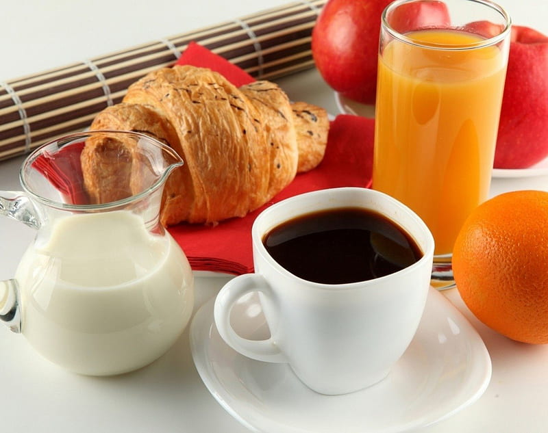 * Breakfast *, apple, cake, good morning, juice, orange, breakfast, new day, fruit, coffee, cup, milk, HD wallpaper