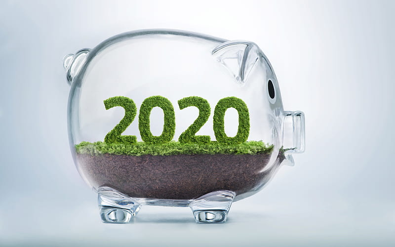 Happy New Year 2020, piggy bank, deposits 2020, money savings, 2020 concepts, finance 2020, business, 2020 New Year, HD wallpaper