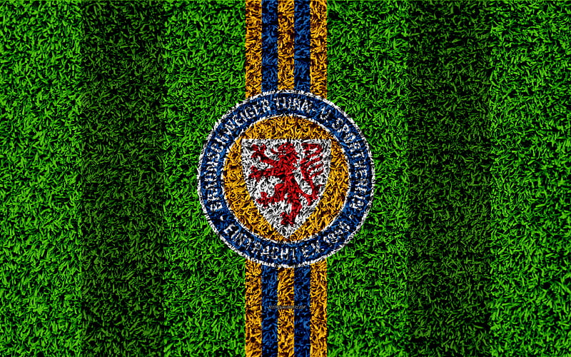 Eintracht Braunschweig FC German football club, football lawn, logo, emblem, yellow blue lines, Bundesliga 2, Braunschweig, Germany, football, grass texture, HD wallpaper