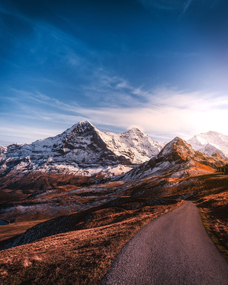 mountains, road, asphalt, peaks, snow, sky, switzerland, HD phone wallpaper