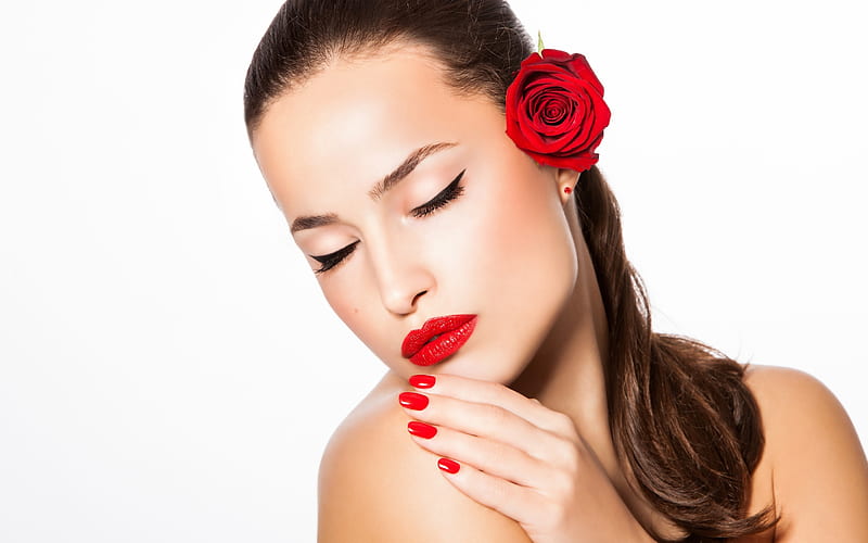 Beauty, red, model, rose, nails, woman, lips, girl, hand, face, white, HD wallpaper