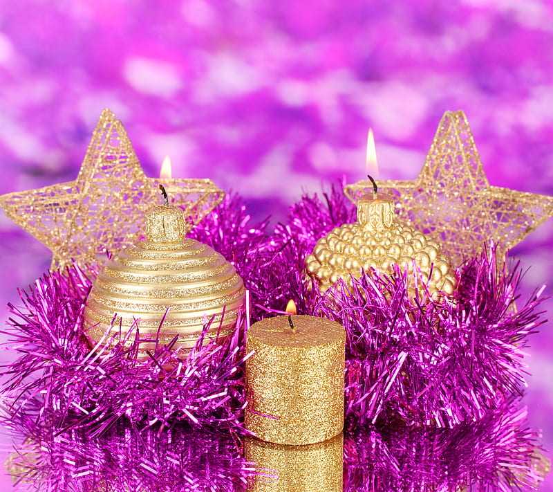 Xmas Time, candle, christmas, decoration, gold, golden, purple, shine, HD wallpaper