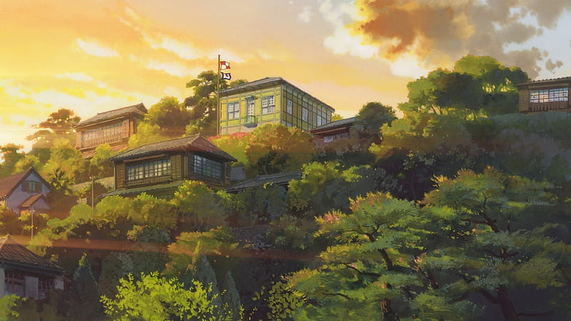 Coquelicot Manor and Surrounding Area, Sunset, Hillside, Scenery, Sky, Anime, Kokuriko Zaka Kara, Japanese House, From Up On Poppy Hill, Clouds, Coquelicot Manor, Flags, Signal Flags, Tree, HD wallpaper