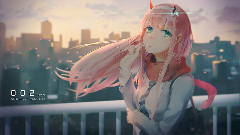 Darling In The FranXX Zero Two Hiro Zero Two With Gray Dress With Background Of Building Towers And Clouds Anime, HD wallpaper