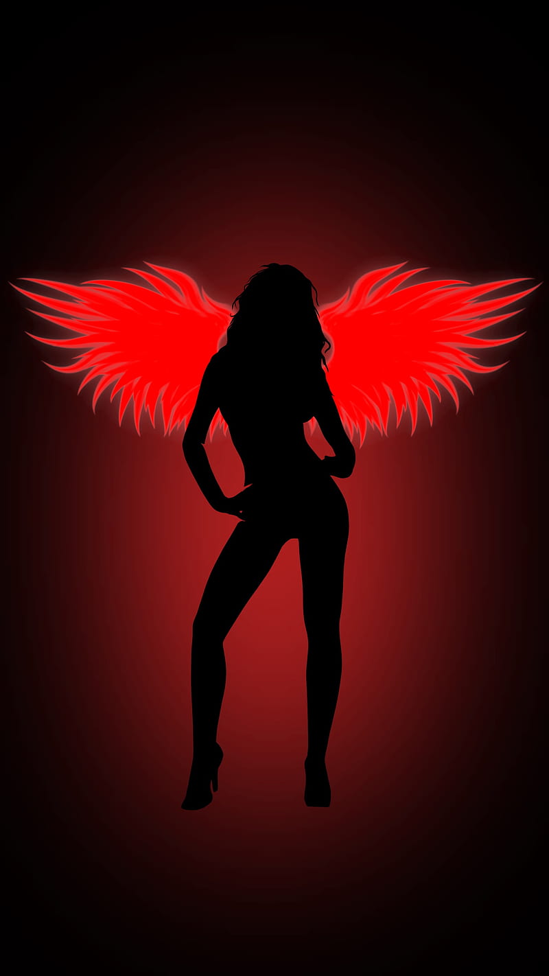 Red Angel, black, dark, demon, devil, eoman, girl, magic, silhuette, wings, HD phone wallpaper
