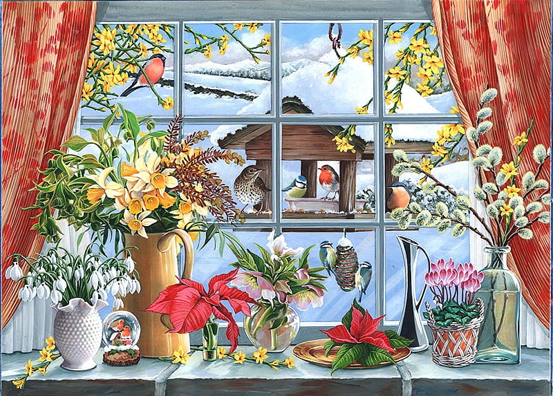 Watch the birdies, bird feeder, window, snow, mountains, painting, flowers, winter, artwork, HD wallpaper