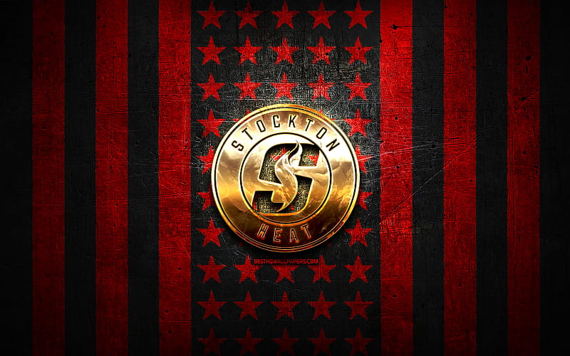 Stockton Heat flag, AHL, red black metal background, american hockey team, Stockton Heat logo, USA, hockey, golden logo, Stockton Heat, HD wallpaper