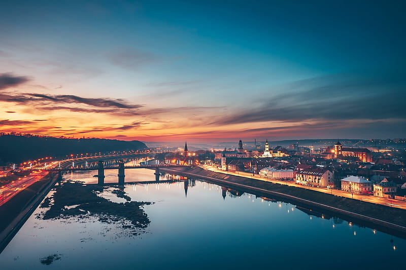 Cities, Kaunas, City, Lithuania, Reflection, Sunset, HD wallpaper
