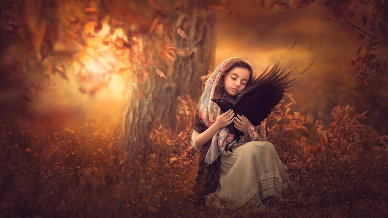 little girl is sitting with bird on lap in tree background cute, HD wallpaper