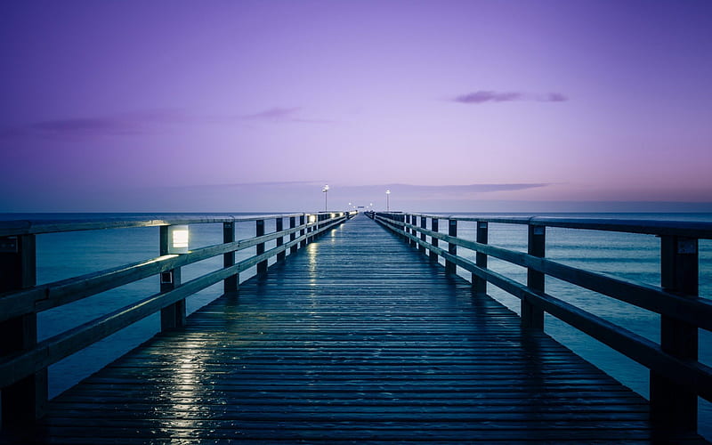 beautiful wet wooden pier, wet, pier, dusk, wood, sea, HD wallpaper