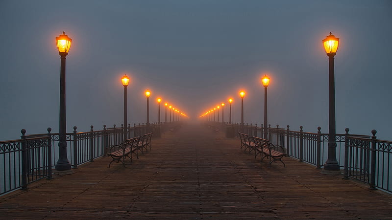pier to nowhere, cloudy, ocean, pier, sky, fog, lights, beach, dock, bridge, benches, dark, boards, light, wood, HD wallpaper