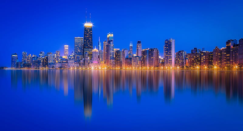Cities, Chicago, Building, City, Lake Michigan, Night, Skyscraper, USA, Water, HD wallpaper