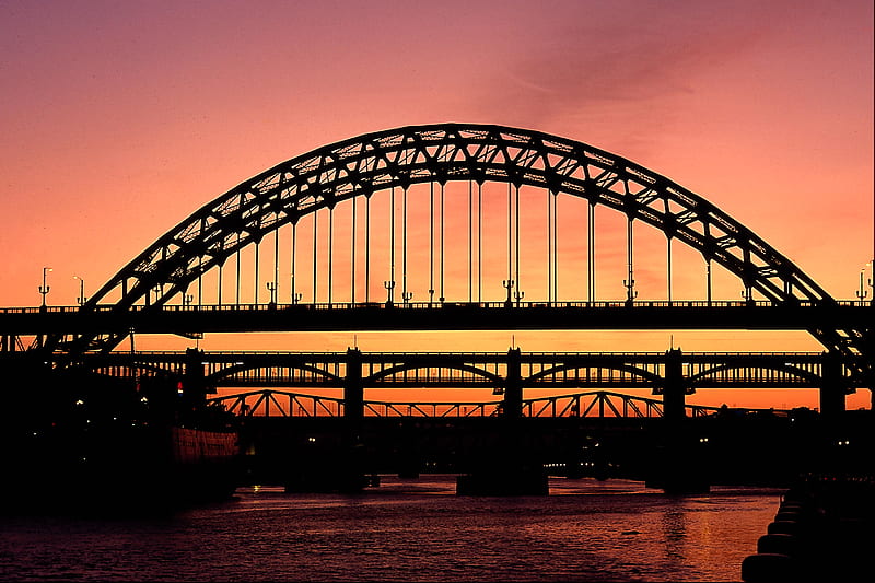 tyne bridge , newcastle england, bridge, orange, black, yellow, bonito, sunset, silhouette, sky, HD wallpaper