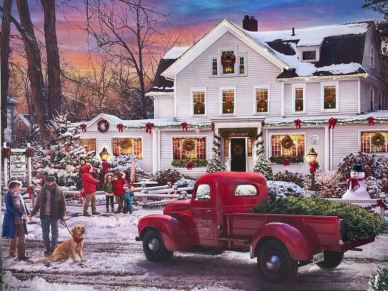 The Old Country Inn, artwork, painting, snow, house, car, christmas, people, tree, HD wallpaper