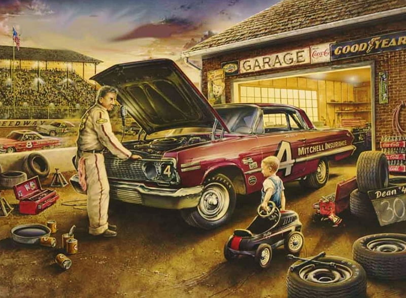 Speedway Garage, car, painting, child, artwork, mechanic, HD wallpaper