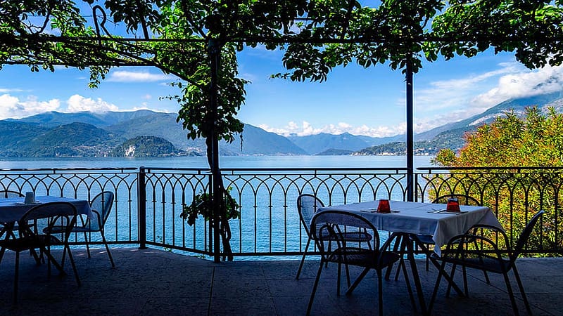 Lakefront Dining, Lake Como, Lombardy, Italy, table, chairs, clouds, trees, landscape, sky, veranda, mountains, HD wallpaper