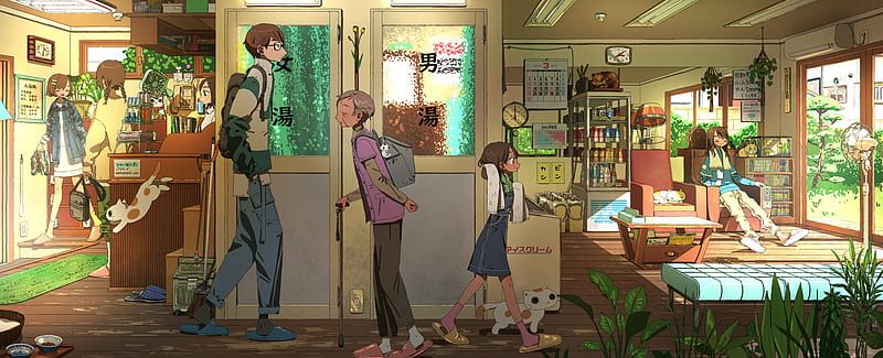 Anime, Girl, Boy, Cat, Glasses, Slipper, HD wallpaper