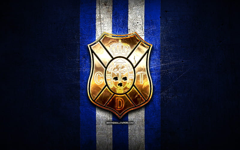 Tenerife FC, golden logo, La Liga 2, blue metal background, football, CD Tenerife, spanish football club, Tenerife logo, soccer, LaLiga 2, Spain, HD wallpaper