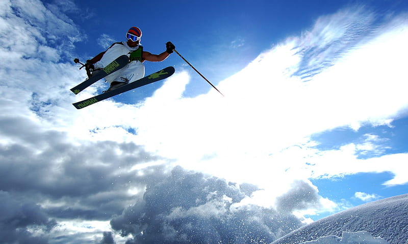 Ski jump, extreme, ski, clouds, jump, winter, HD wallpaper