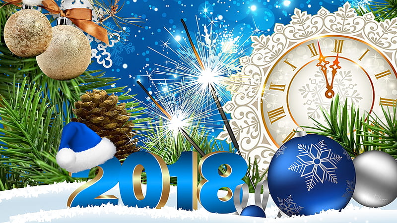 Celebrate 2018, stars, Christmas, new years, cones, clock, 2018, pine, decorations, sparklers, Firefox Persona theme, blue balls, HD wallpaper