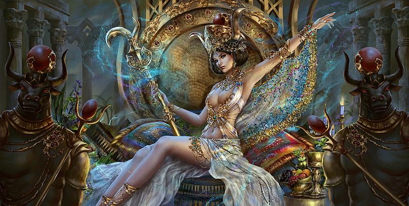 Hathor, hoanglpsolan, art, fantasy, luminos, girl, goddess, egypt, hoang lap solan, HD wallpaper