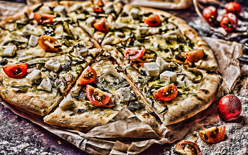 pizza with mushrooms and tomatoes R, fastfood, italian food, pizza, HD wallpaper
